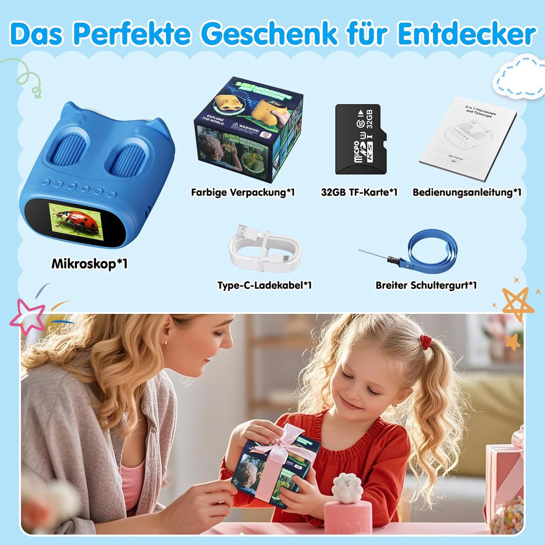 2-in-1 Digitales Mikroskop für Kinder und Teleskop, Tragbares Taschenmikroskop mit 32GB Speicherkart