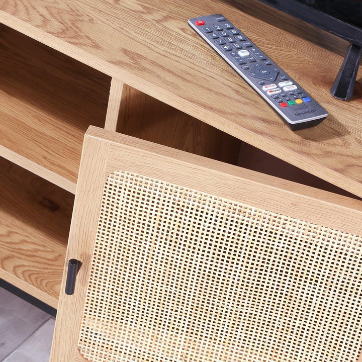 Calicosy TV-Möbel mit 2 Türen, 2 Nischen – Rattangeflecht – Holzdekor – Spanplatten – Metallstruktur