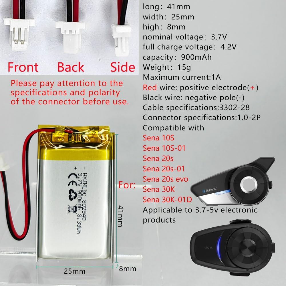 802540 3,7 V 900 mAh Lithiumbatterie für Sena 10S Serie Sena 10S-01 und Sena 20s Serie Sena 20s-01 S
