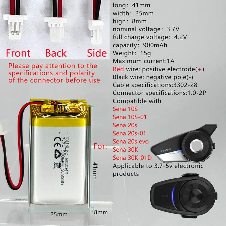 802540 3,7 V 900 mAh Lithiumbatterie für Sena 10S Serie Sena 10S-01 und Sena 20s Serie Sena 20s-01 S