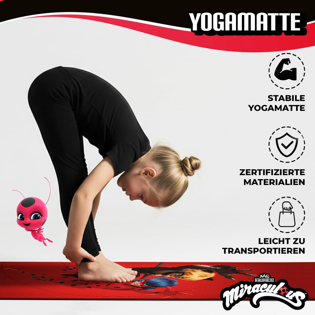Miraculous Offiziell – Kinder Yoga- & Gymnastikmatte Ladybug & Cat Noir (60 × 150 × 0,5 cm) – Rutsch