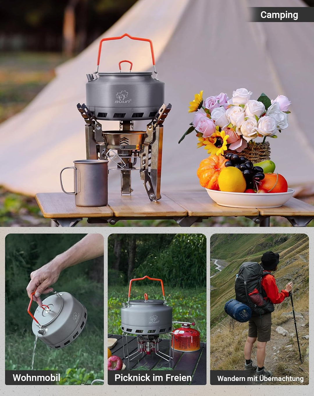 Bulin Camping Wasserkessel 2.2L Grösser Kaffeekanne Wasserkocher 2-3 Personen Kochen Leicht Faltbar