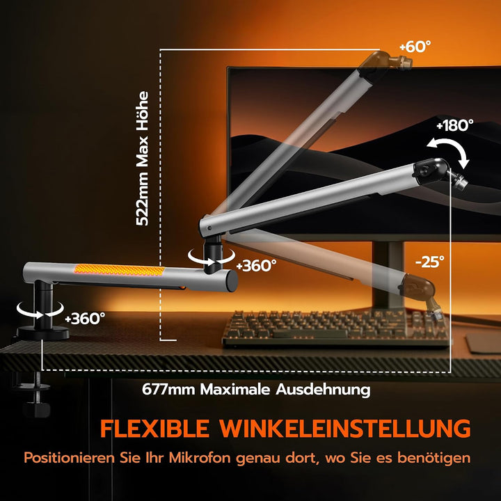 ARES WING Gaming Mikrofon Arm mit RGB Licht, Mikrofonständer mit 360° drehbarem Schwenkarm, kompatib