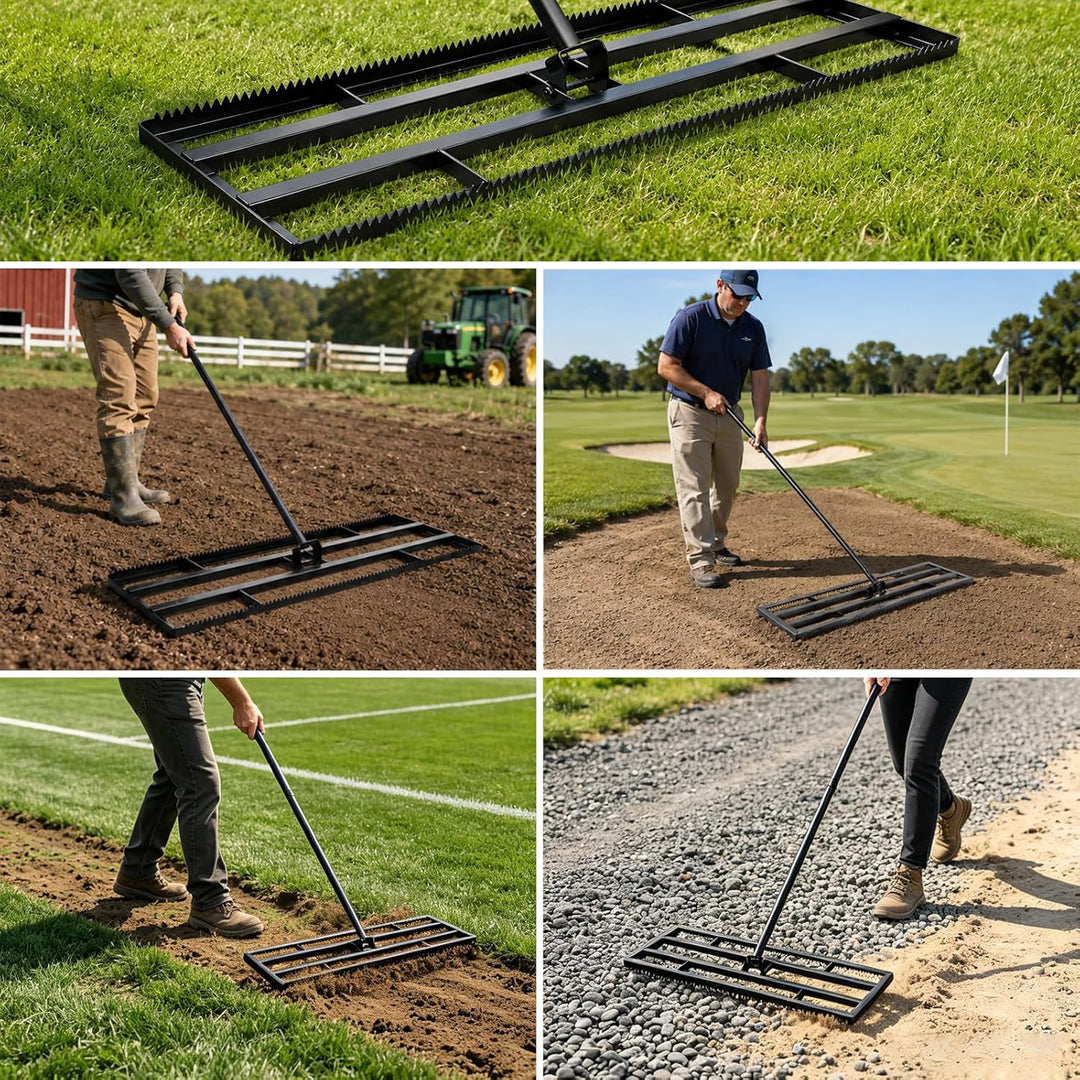 Rasen Nivellierrechen 43x25cm mit Gezahnte Seite und 199 cm Langer Griff, 2-In-1 Rasen-Nivelliergera
