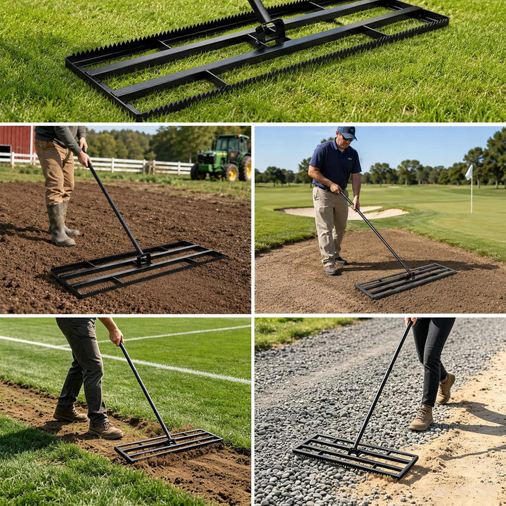 Rasen Nivellierrechen 43x25cm mit Gezahnte Seite und 199 cm Langer Griff, 2-In-1 Rasen-Nivelliergera