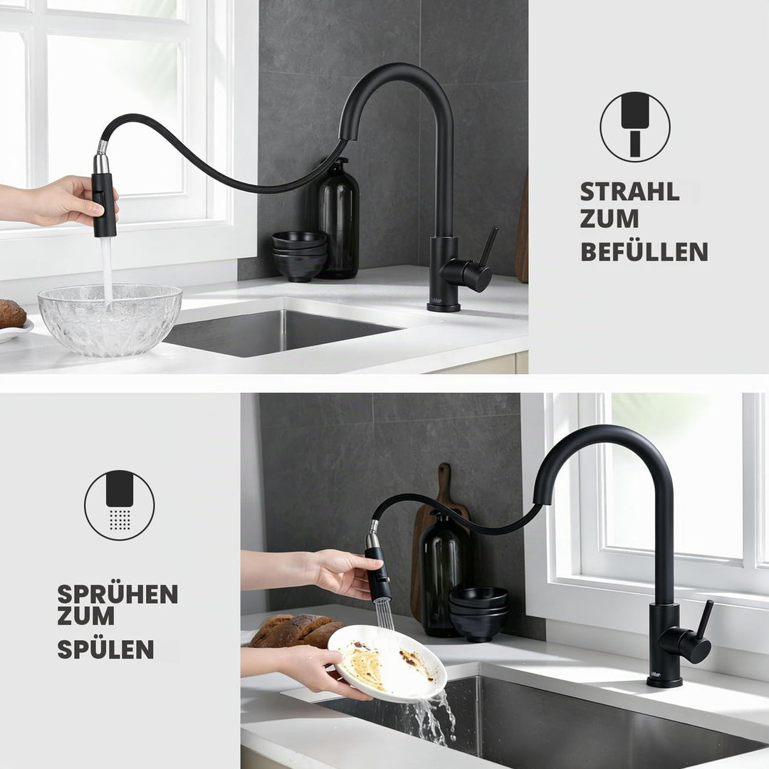Tohlar Wasserhahn Küche Schwarz, Edelstahl Küchenarmatur, 360° Schwenkbar Spültischarmatur mit Braus