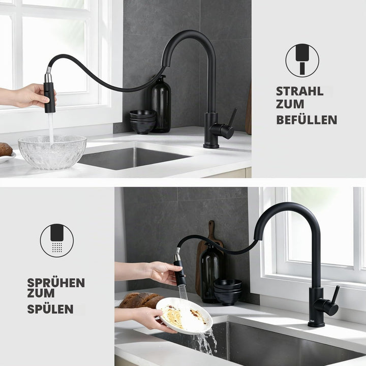 Tohlar Wasserhahn Küche Schwarz, Edelstahl Küchenarmatur, 360° Schwenkbar Spültischarmatur mit Braus