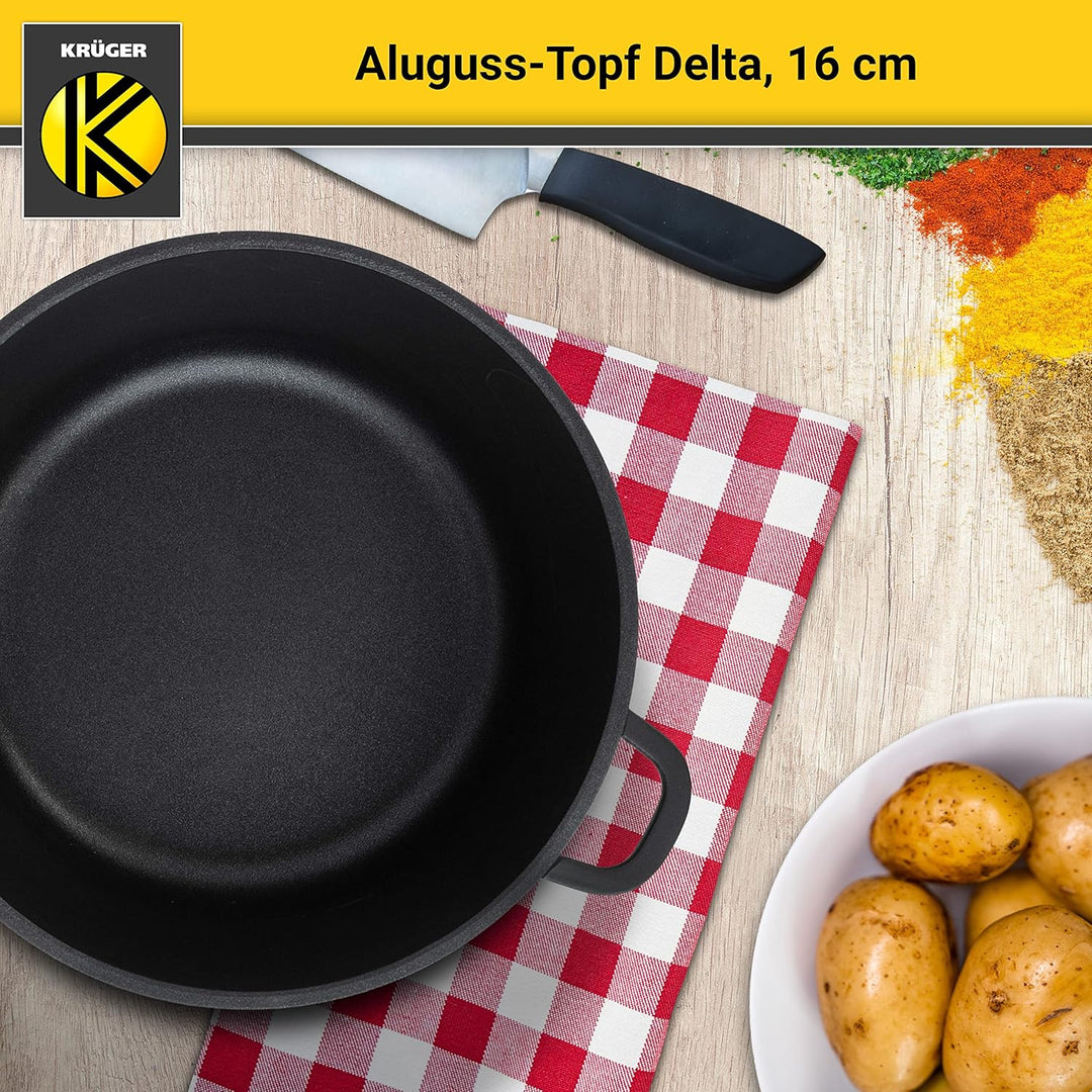 Krüger Aluguss-Topf Delta mit Glasdeckel - 16 cm - Kochtopf für gesunde & fettarme Speisen - geeigne