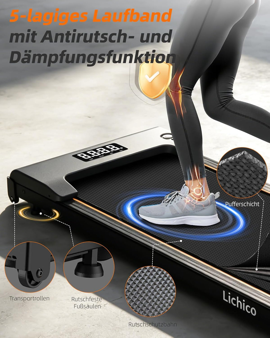 Lichico 3-in-1 Walking Pad mit 0-9% Steigung, Laufband für Zuhause Klein, platzsparendes Heimtrainin
