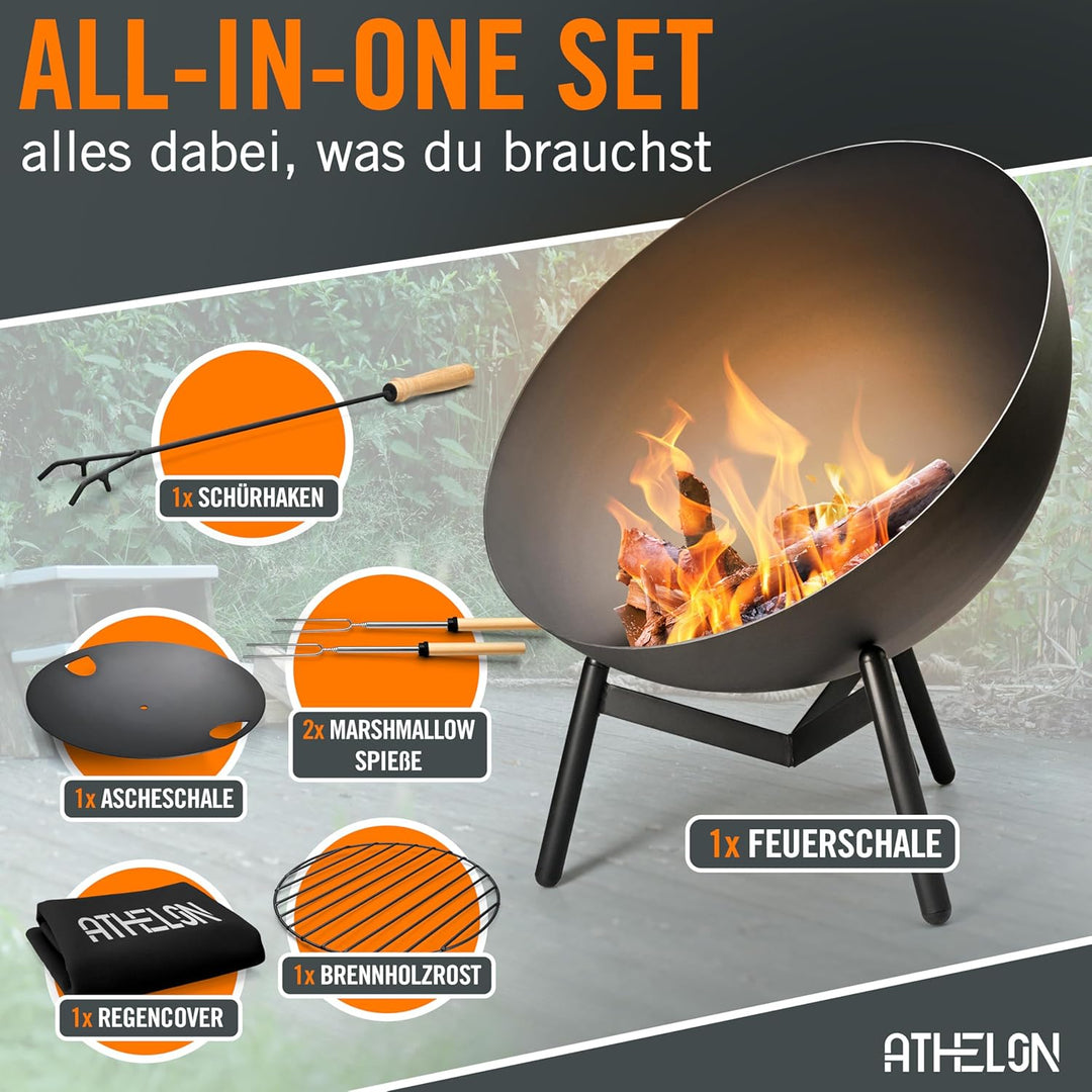 ATHELON® Feuerschale [Ø 60 cm] - wetterfeste Feuerstelle Outdoor aus Stahl für Garten, Terrasse und