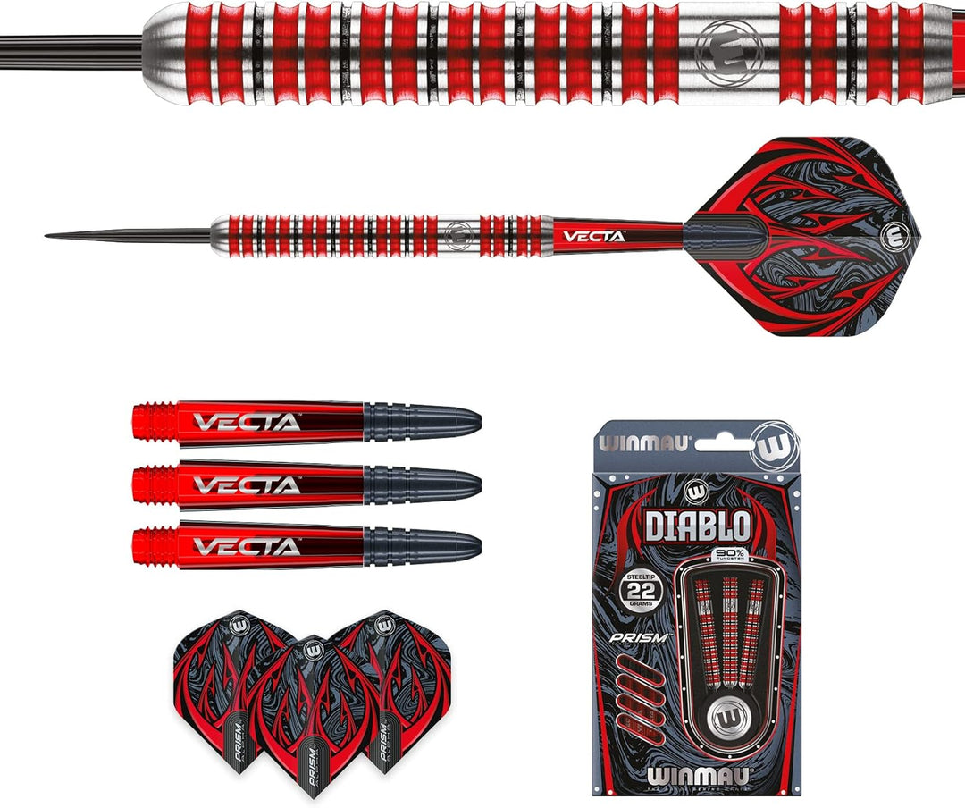 WINMAU Diablo Profi Stahlspitze Wolfram Dartpfeile mit Flüge und Stiele (Wellen) 22g Parallel, 22g P