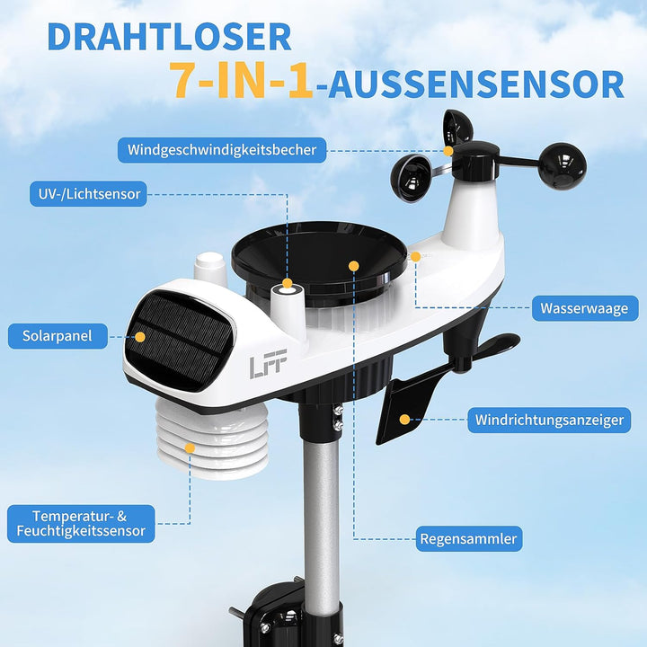 LFF 7-In-1 Wetterstation Funk mit Aussensensor, 7,5-Zoll-Display Funkwetterstation mit DCF-Funkuhr,