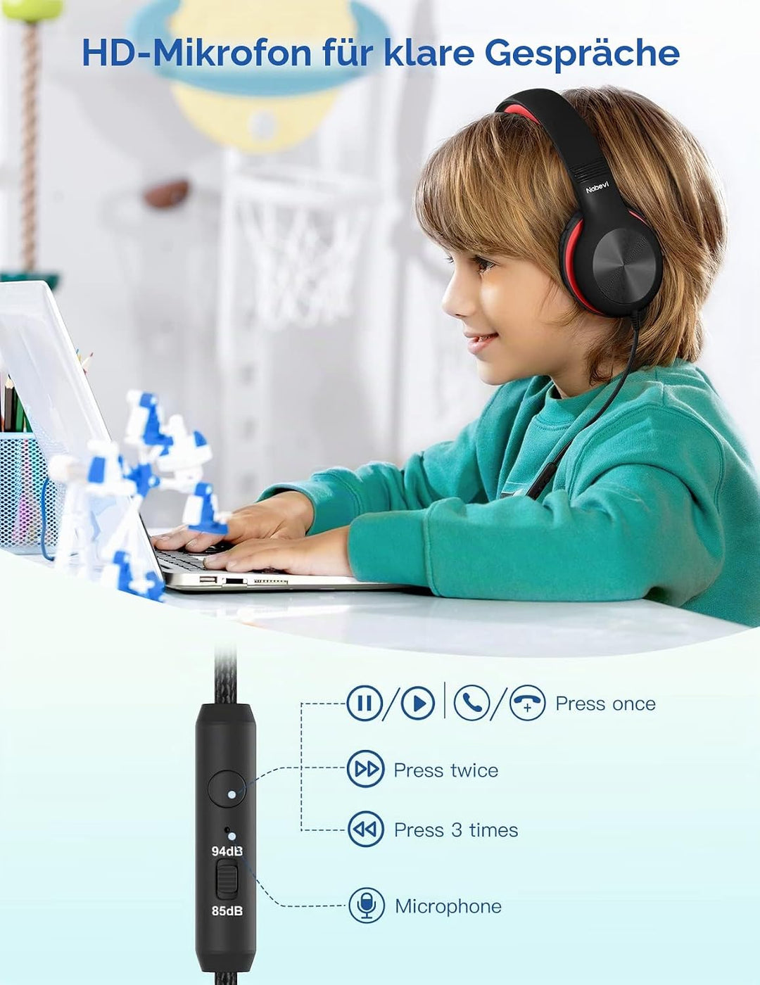 Nabevi Kopfhörer Kinder, Kinder Kopfhörer mit Kabel, 85/94dB Lautstärkegrenze, HD-Ton, Sharing-Funkt