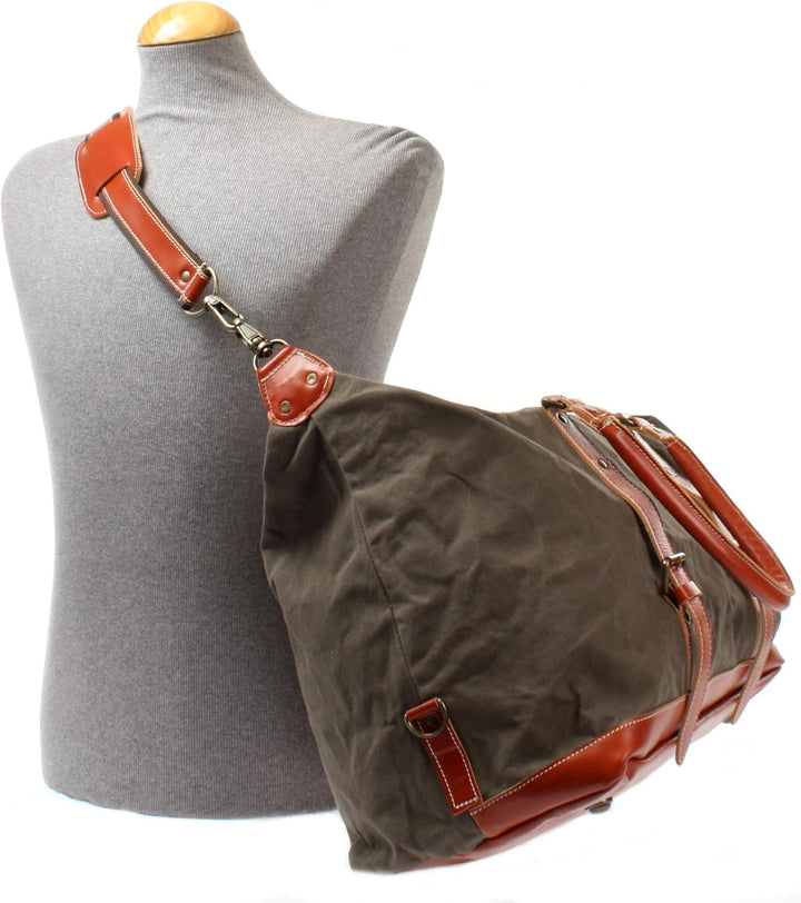 LECONI Weekender gross Canvas + Echt-Leder Retro Reisetasche Unisex Damen + Herren Sporttasche Reise