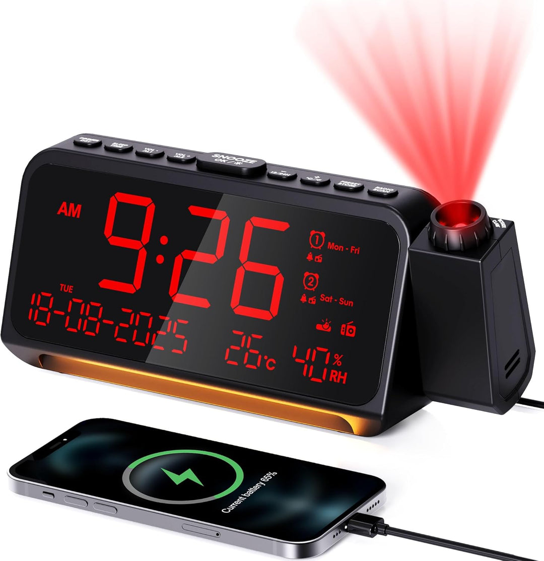 Radiowecker Digital, Projektionswecker, FM Radio und Auto-Off-Timer, 320°Projektor mit Dimmer, Woche