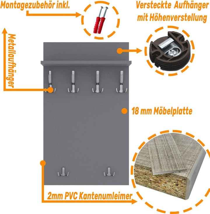 AKKE 100x60 | MAXI Garderobenpaneel Wandgarderobe Garderobe Wandpaneel Kleiderstange CHROM | LIGHT G