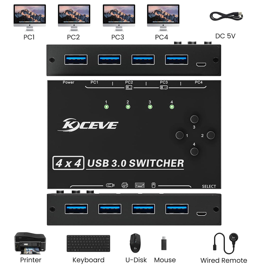 USB 3.0 Switch 4 PC, YOUTINGHDAV 4 in 4 out USB Switch 3.0, USB Switch Box für Tastatur, Maus, Druck
