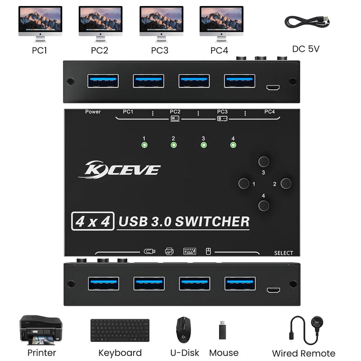 USB 3.0 Switch 4 PC, YOUTINGHDAV 4 in 4 out USB Switch 3.0, USB Switch Box für Tastatur, Maus, Druck