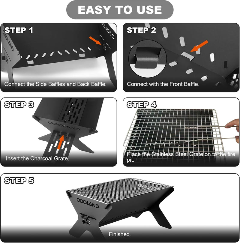 Odoland Camping-Feuerstelle, tragbare Feuerstelle für Camping, 2 in 1 Holzfeuerstelle, Grill mit abn