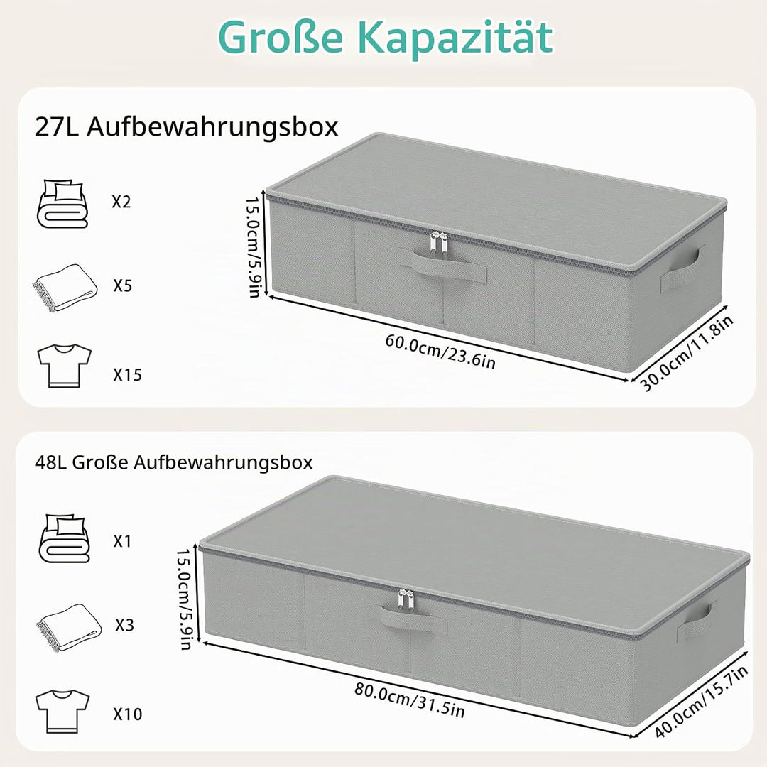 Unterbett Aufbewahrungsbox mit Deckel, Grau, 60x30x15 cm, 2 Stück | Faltbare Aufbewahrungstasche, Un
