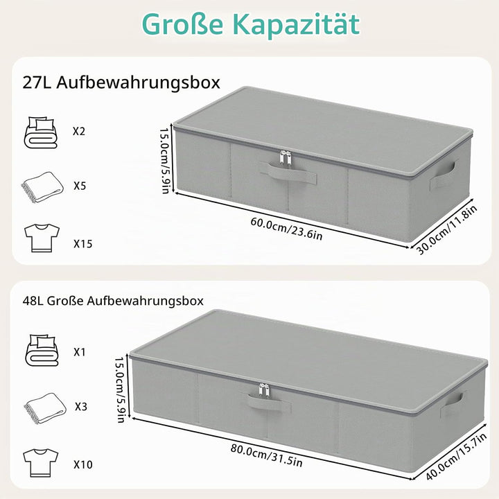 Unterbett Aufbewahrungsbox mit Deckel, Grau, 60x30x15 cm, 2 Stück | Faltbare Aufbewahrungstasche, Un