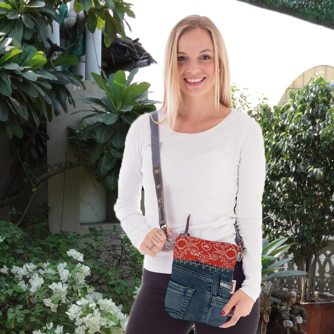 Sunsa Damen Tasche/Umhängetasche. Kleine Bag aus Canvas & Recycelte Jeans. Nachhaltige Taschen. Cros