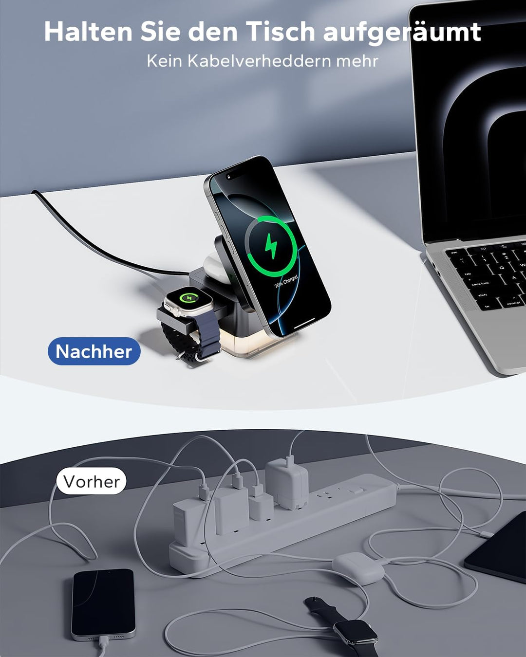 KPON Ladestation Apple Watch und Iphone für Magsafe, 3-in-1 Cube Induktive Ladestation mit Magsafe L