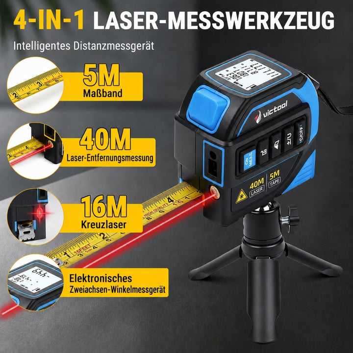 4-in-1 Laser Massband 40m + 5m Bandmass, Wiederaufladbarer Laser-Entfernungsmesser mit Wasserwaage u