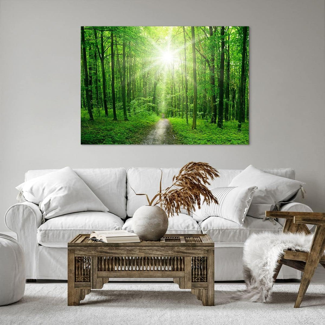 Bilder auf Leinwand 100x70cm Leinwandbild Sonnenstrahlen Wald Sommer Gross Wanddeko Bild Schlafzimme