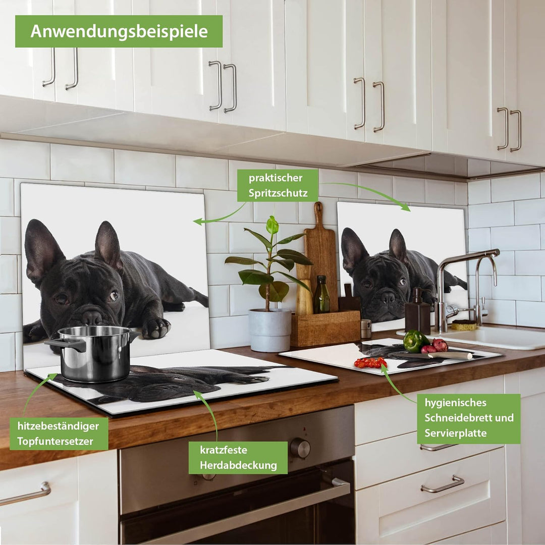 banjado® Herdabdeckplatte Glas 1-teilig 60x52 cm/Schneidebrett Herdabdeckung mit Motiv Bulldogge/Her