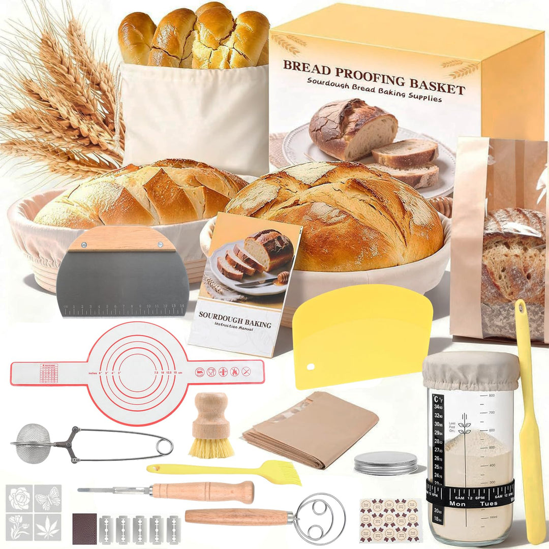 Sauerteig Starter Set mit Gärkörbchen & Sauerteig Starterglas & Alle Brot Backen Zubehör, Natürliche