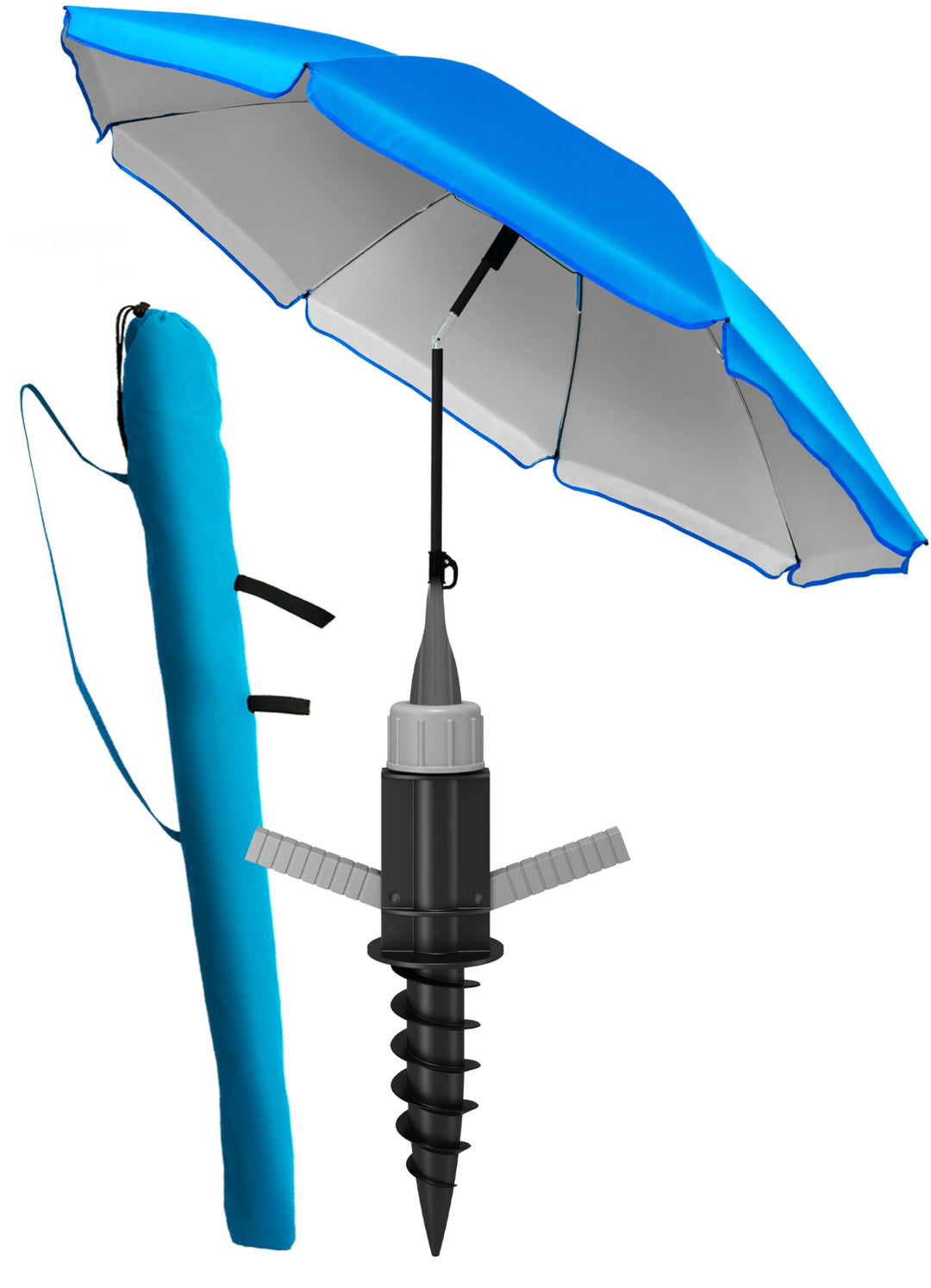 4smile Sonnenschirm Strand SunnyJoy 3-IN-1-SET, Fb. Blau - Strandschirm Ø 180 cm + Bodenhülse + Schu