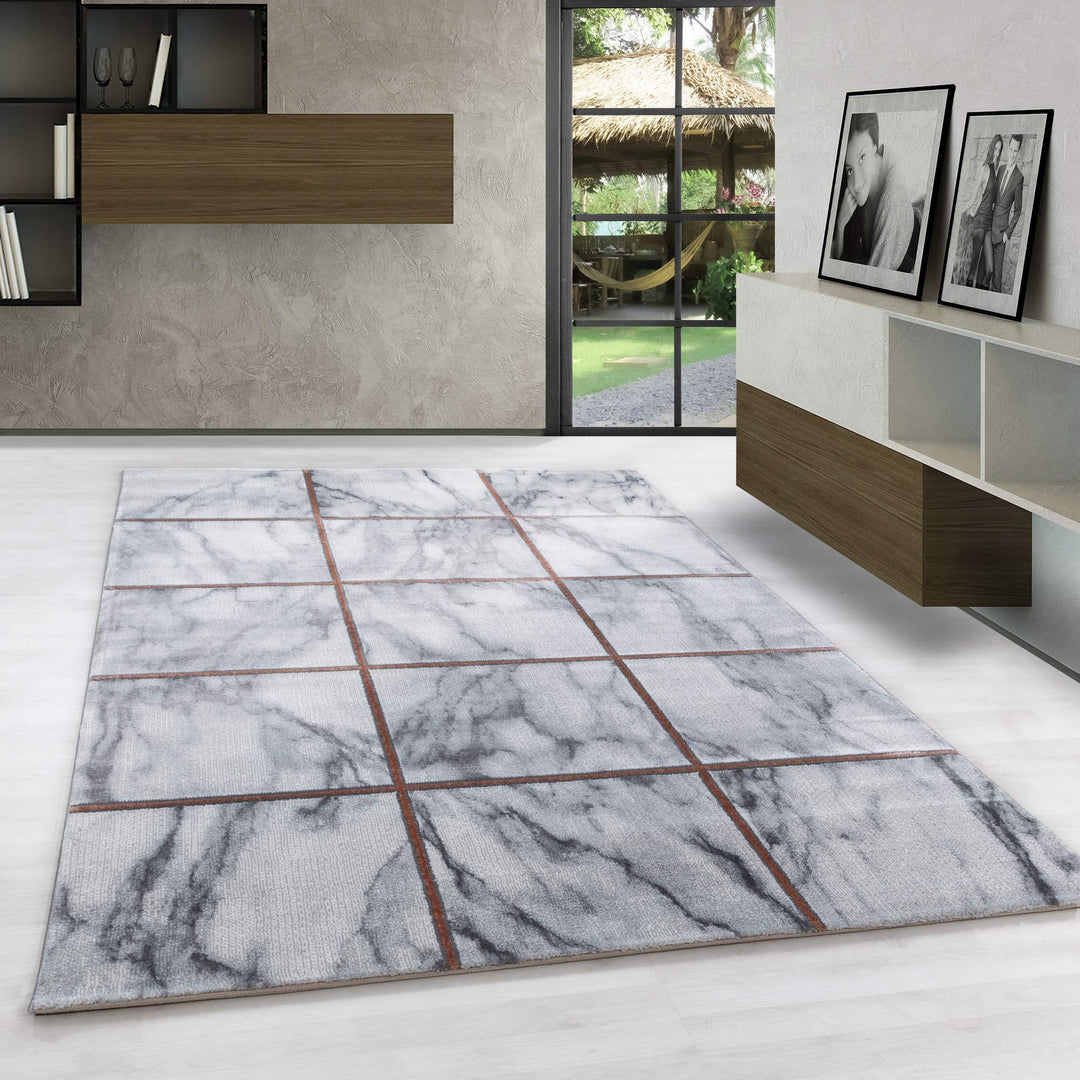 Carpetsale24 Modern Designer Teppich, Kurzflor Karo - Marmor Optik, Rechteckig, Grau und Bronzefarbe