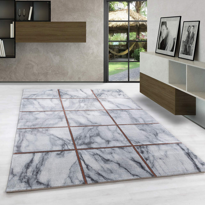 Carpetsale24 Modern Designer Teppich, Kurzflor Karo - Marmor Optik, Rechteckig, Grau und Bronzefarbe