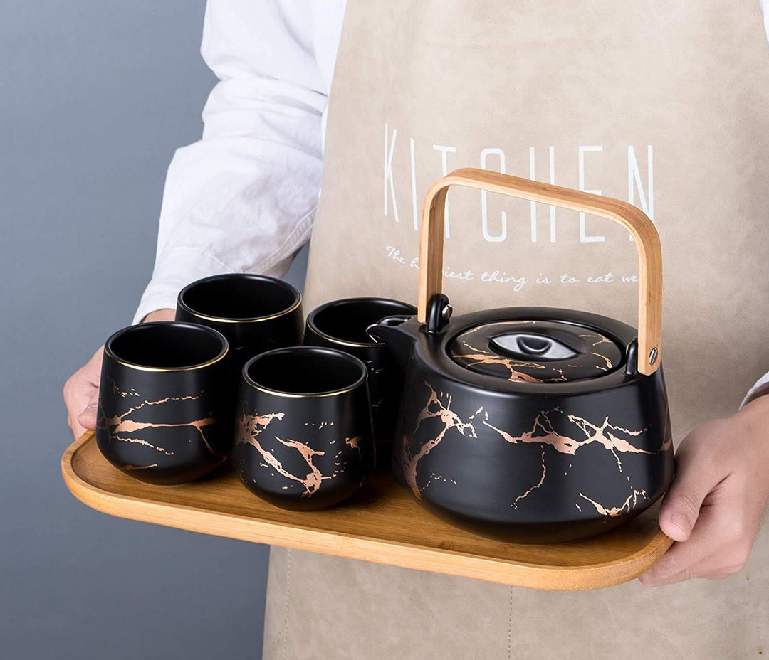 KKGUD Japanischer Stil, Keramik-Teeset, elegante Teekanne und 4 Teetassen mit Holztablett für Nachmi