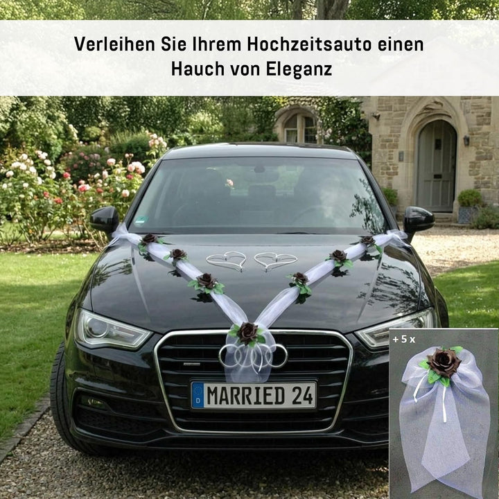 Organza M + Schleife Auto Schmuck Braut Paar Rose Deko Dekoration Autoschmuck Hochzeit Car Auto Wedd
