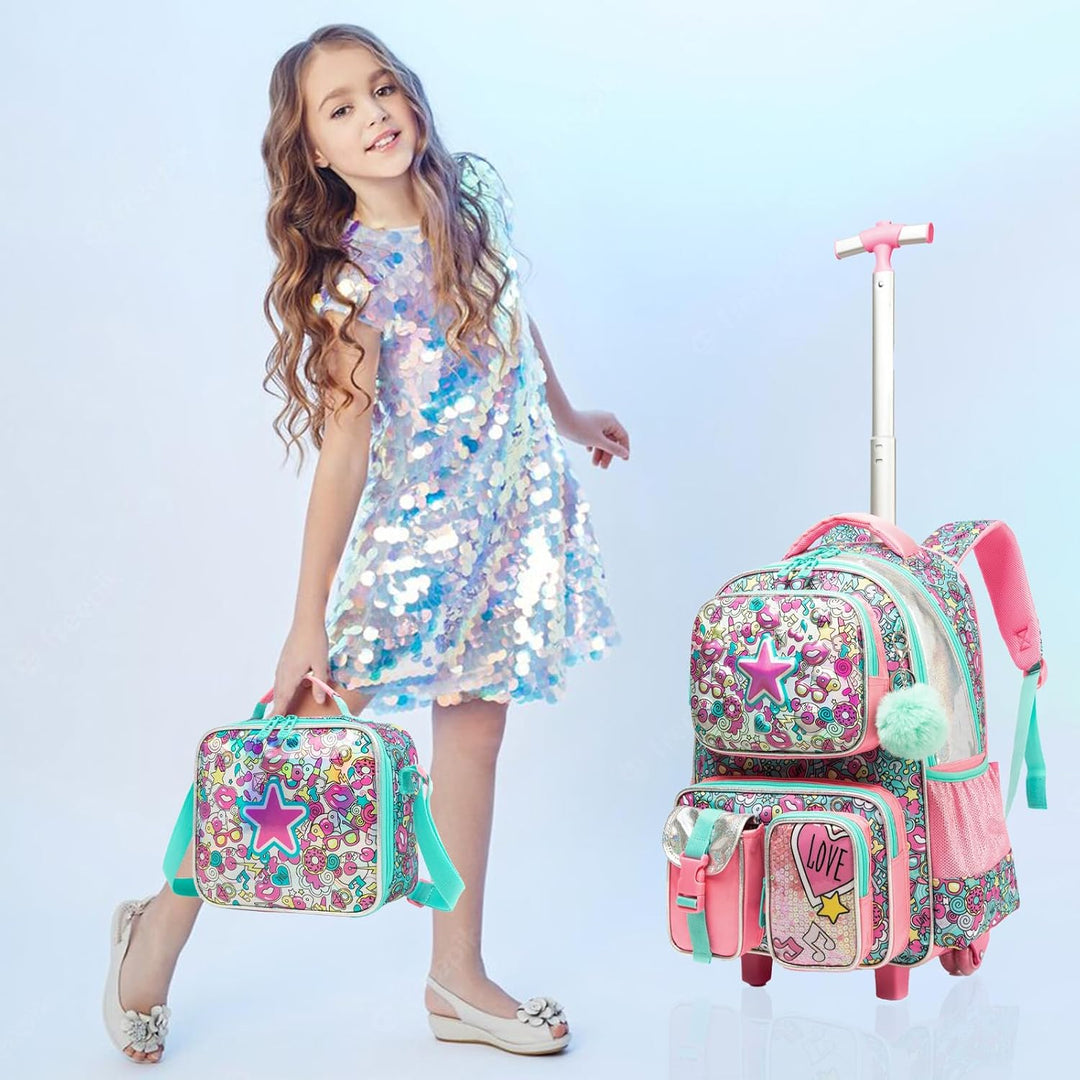 Egchescebo Kinder Rolling Rucksack für Mädchen Pentagramm Koffer Trolley Roller Gepäck Rucksäcke auf
