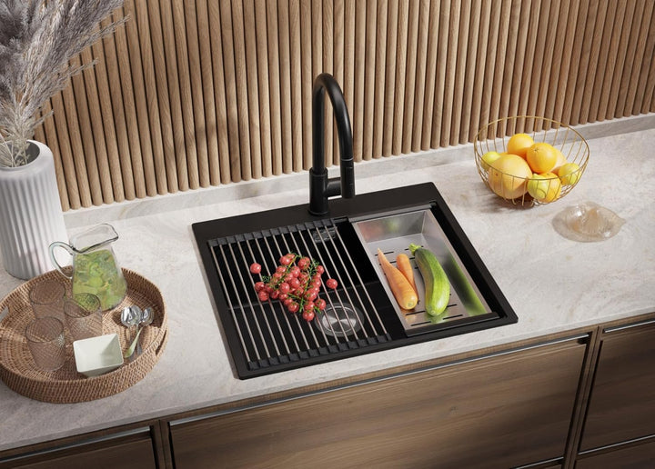 PRIMAGRAN Spülbecken Schwarz 58x50cm, Granitspüle 1 Becken + Ablauf-Set, Küchenspüle ab 60er Untersc
