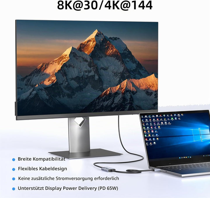 8K@30Hz / 4K@144Hz DisplayPort-auf-USB-C-Adapter mit PD 65W-Ladefunktion, Graphit-Kabel, DisplayPort