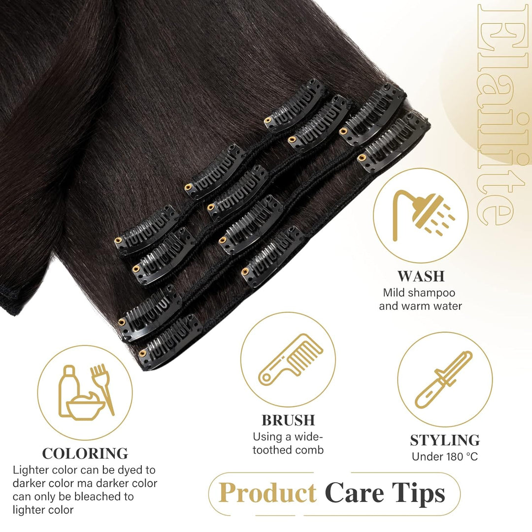 Elailite Extensions Echthaar Clip in 8 Tressen Glatt #1B Naturschwarz Haarverlängerung Real Human Ha