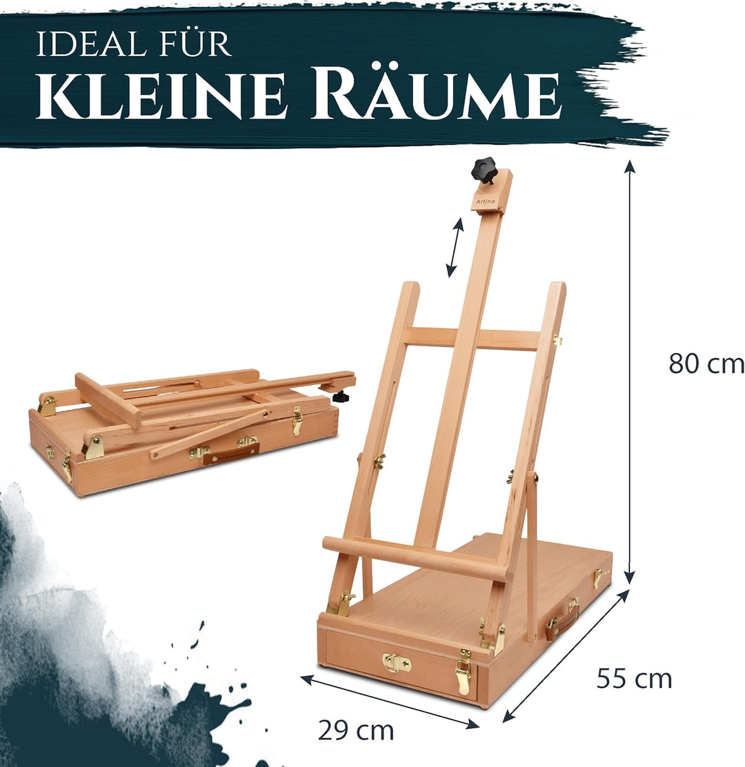 Artina Kofferstaffelei Tischstaffelei für Keilrahmen bis 56 cm Le Mans – Zeichenbrett mit Schublade,