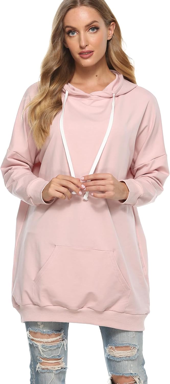 Famulily Damen Oversized Hoodie Kleid Baumwolle Lang Sweatshirt mit Kapuze Einfarbige Kapuzenpullove