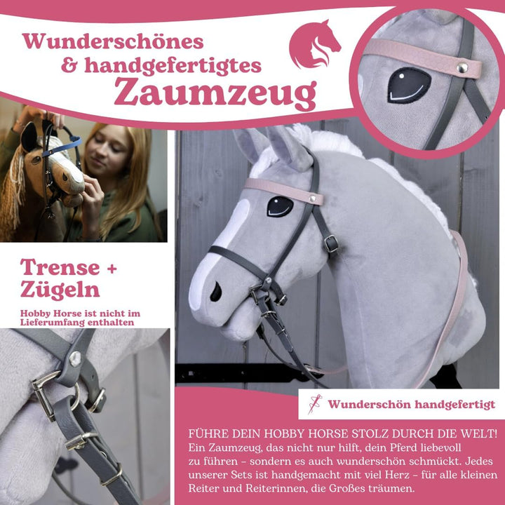 LarDen Hobby Horse Trense mit Zügeln | Komplettes Kunstlederzaumzeug Grau mit Pink Stirnriemen | Hob
