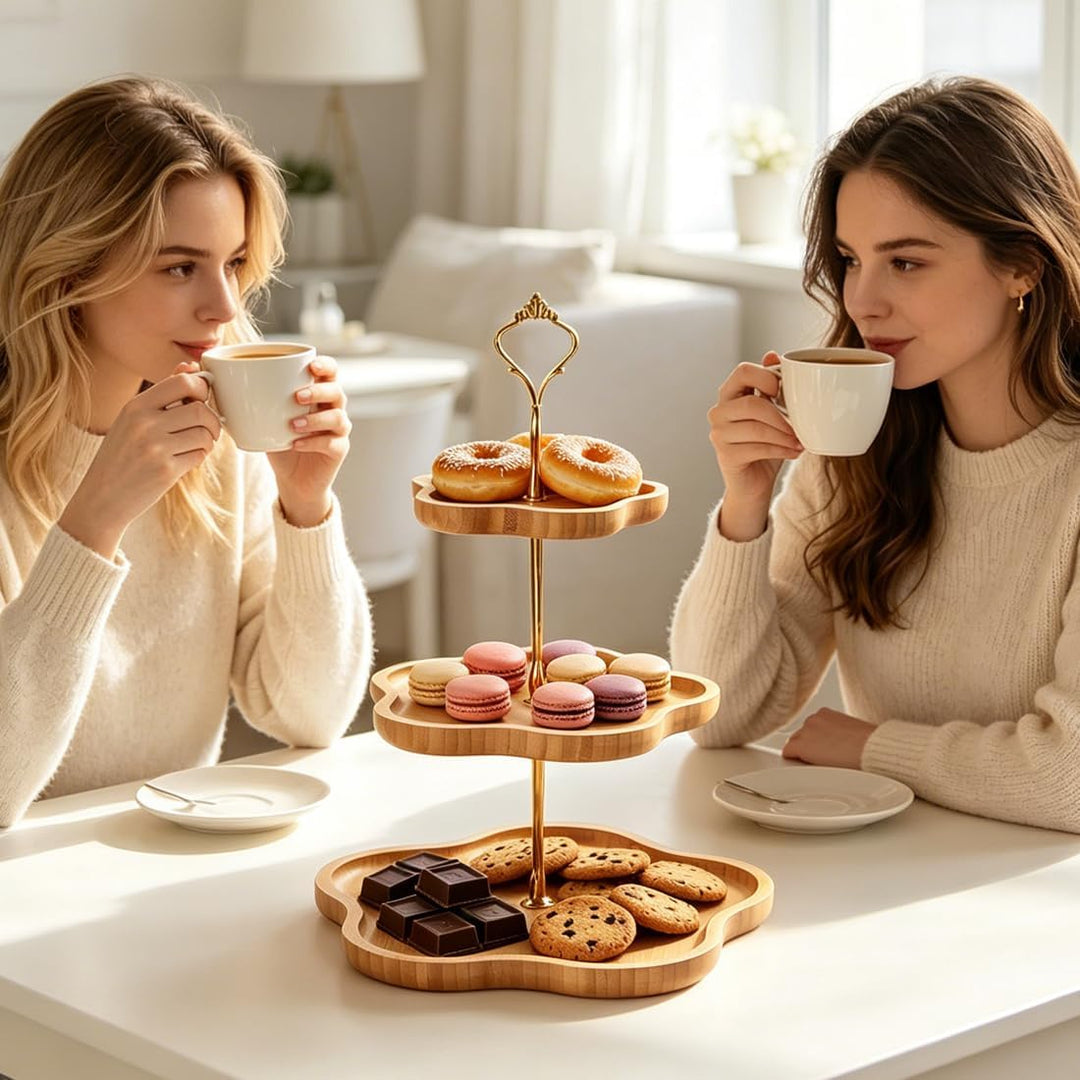 Etagere 3 Etagen aus Bambus, Cupcake Ständer 30 25 20 cm, Tortenständer Holz mit Metallgriff, Servie