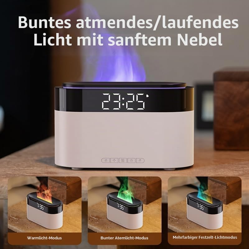 Flammen Aroma Diffuser mit Lichtwecker,Diffuser Ätherische Öle mit Fernbedienung,Wecker mit Licht,Lu