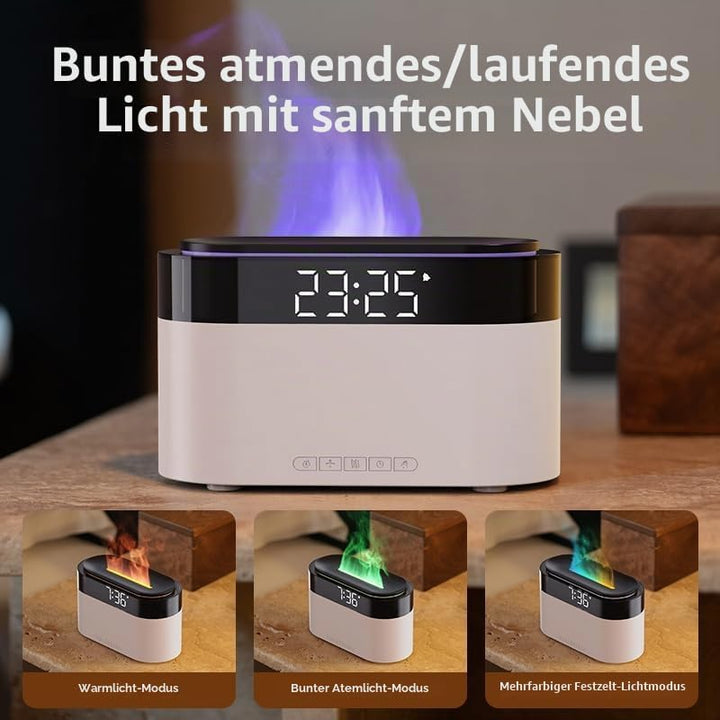 Flammen Aroma Diffuser mit Lichtwecker,Diffuser Ätherische Öle mit Fernbedienung,Wecker mit Licht,Lu