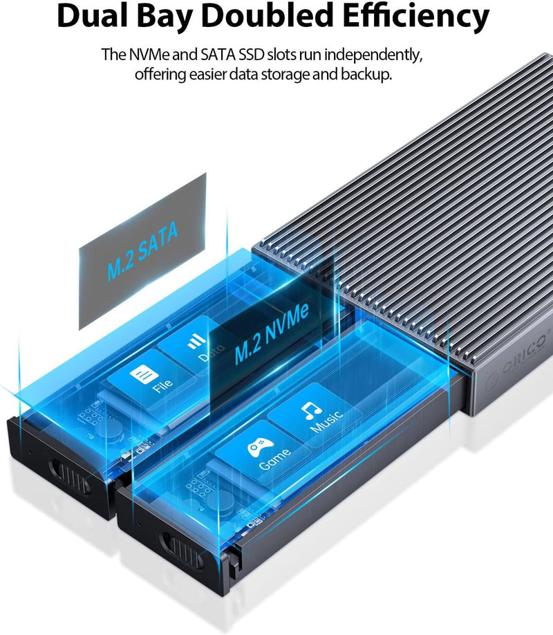 ORICO Dual M.2 NVMe SATA SSD Gehäuse, USB C auf M2 Adapter für M Key PCIe, B+M Key, B Key 2230/2242/