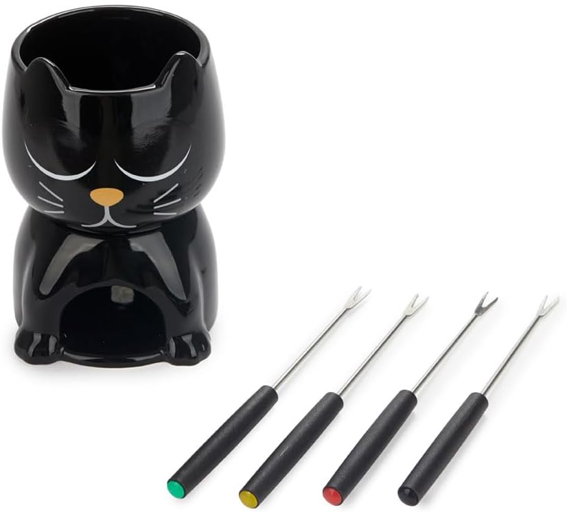 balvi Fondue Wake Cat Farbe Schwarz Wärmeempfindlich, die Katze öffnet beim Erhitzen die Augen Keram
