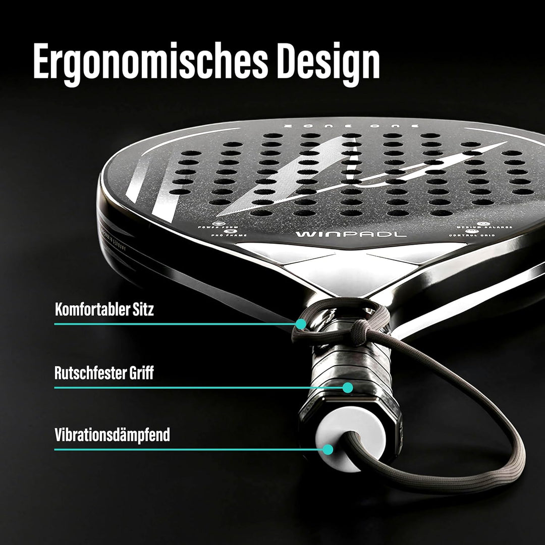 Padelschläger Zone One aus Carbonfaser - 100% Carbon-Rahmen, Soft-Eva-Kern, 365 g, Tropfenform, raue