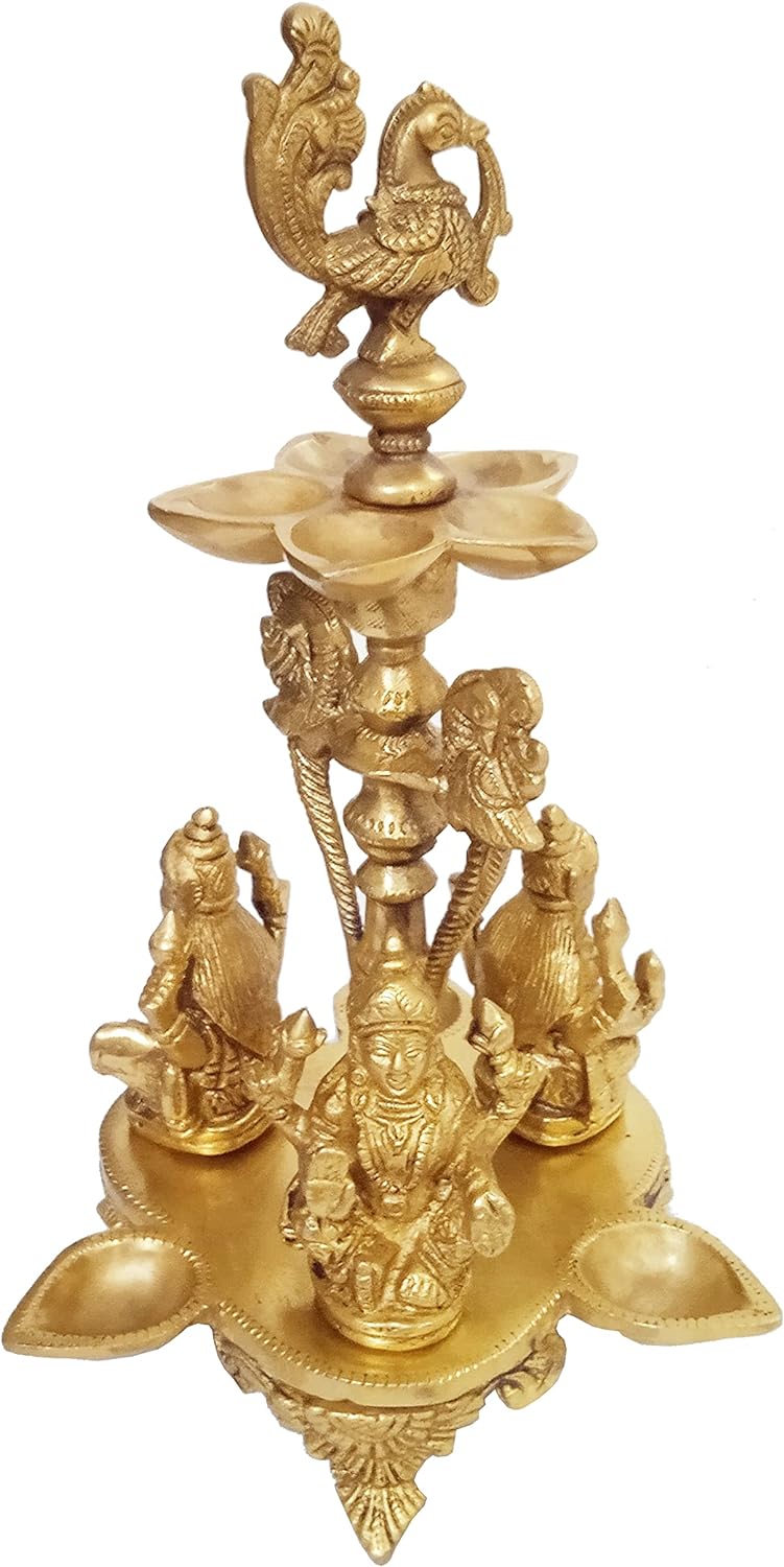 Purpledip Kuthu Vilakku 12033B Öllampe aus Messing, antikes Design Royal Deepam Diya mit 3 Lakshmi,